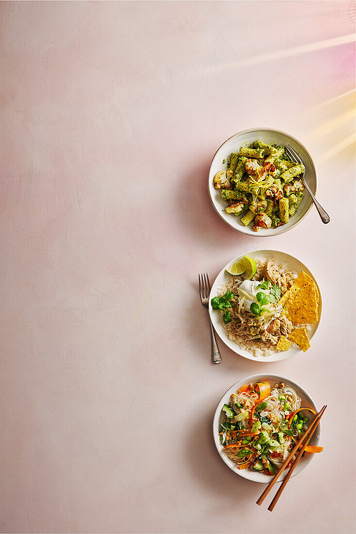 'Charred' cauliflower noodles, white chicken chilli, peanut and herb noodle salad