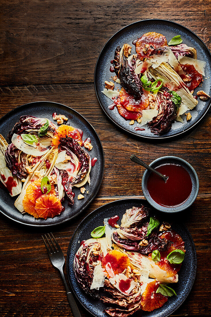 Grilled radicchio salad with blood oranges, Manchego and sour cherry-molasses dressing