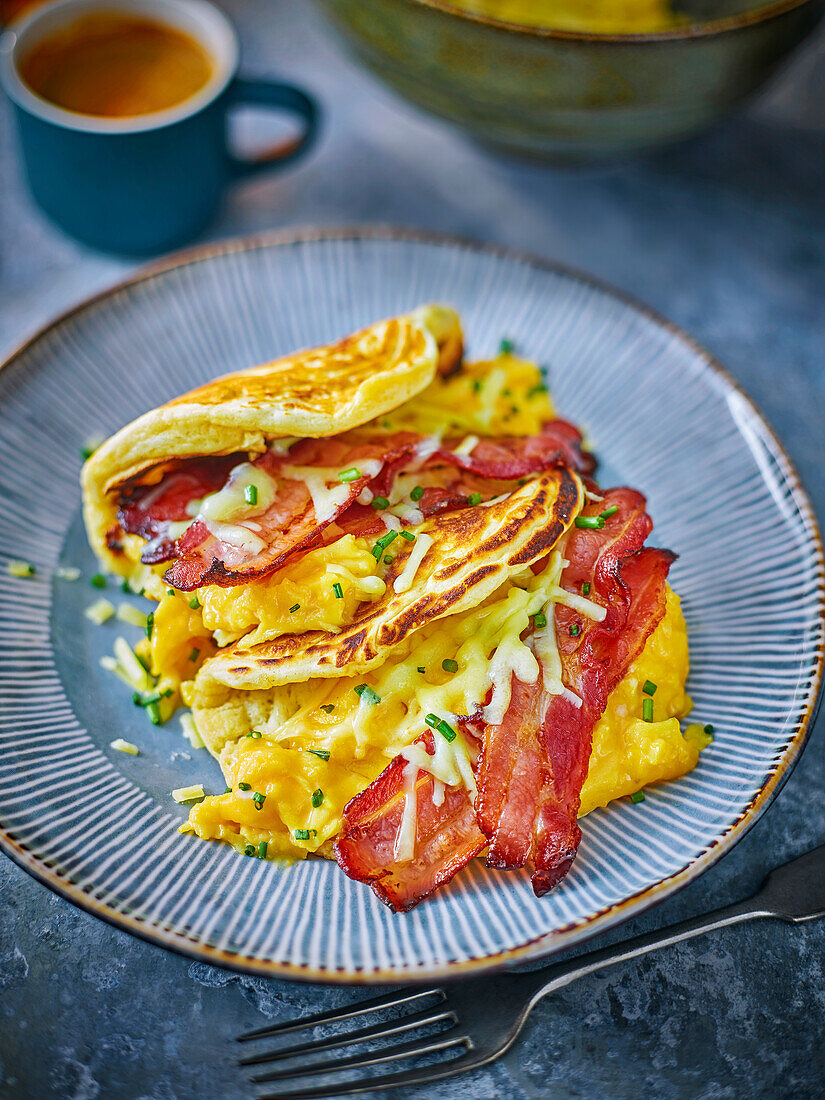 Pancake tacos with bacon for breakfast