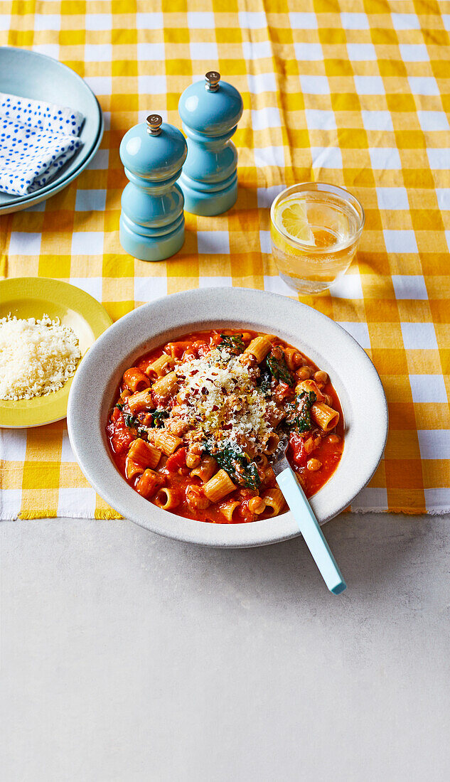 Tomato and noodle soup with kale