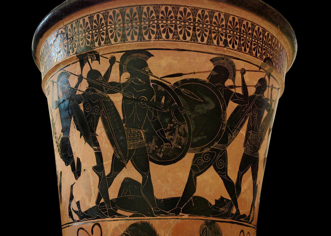 Homeric battle scene with a dead warrior.