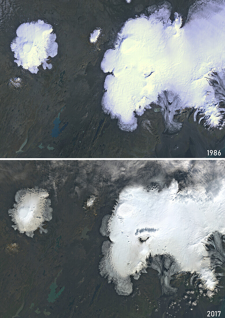 Vatnajokull Glacier, Iceland in 1986 and 2017, satellite image