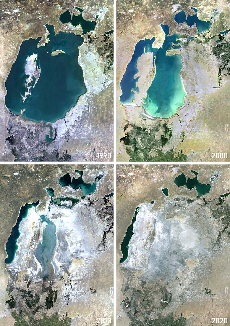 Aral Sea in 1990, 2000, 2010 and 2020, satellite image