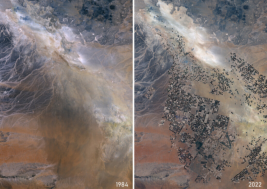 Wadi As-Sirhan Basin, Saudi Arabia, 1984 and 2022, satellite image