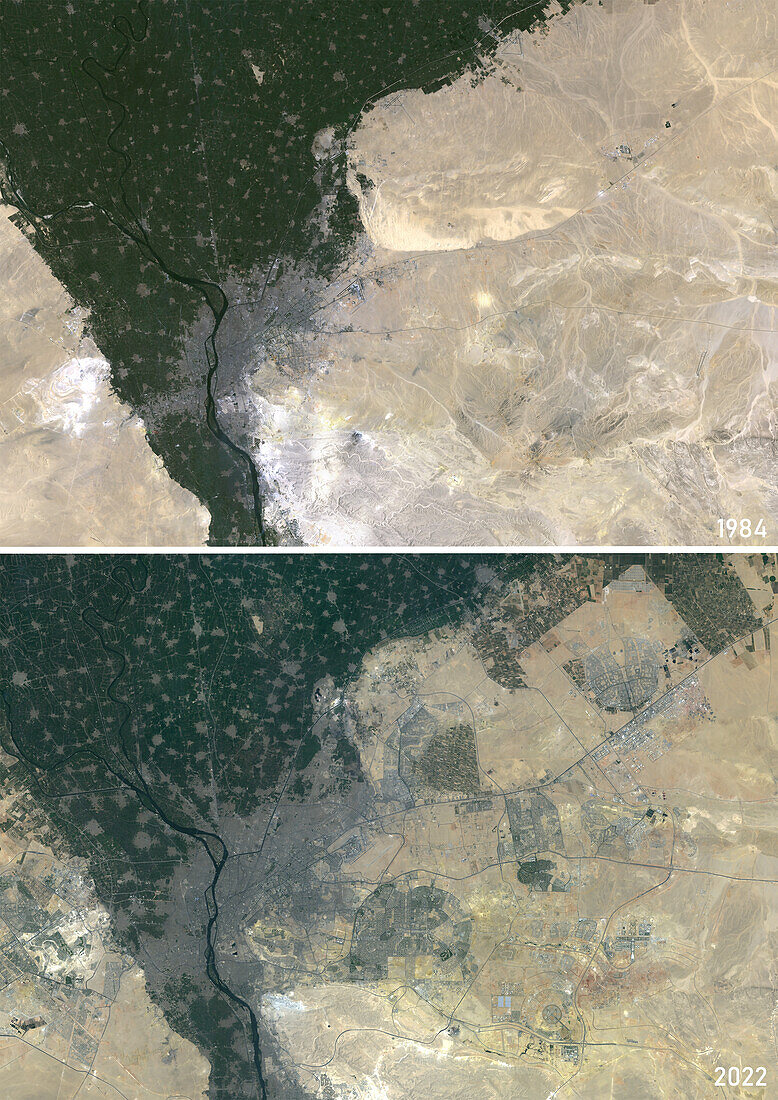 Cairo, Egypt in 1984 and 2022, satellite image