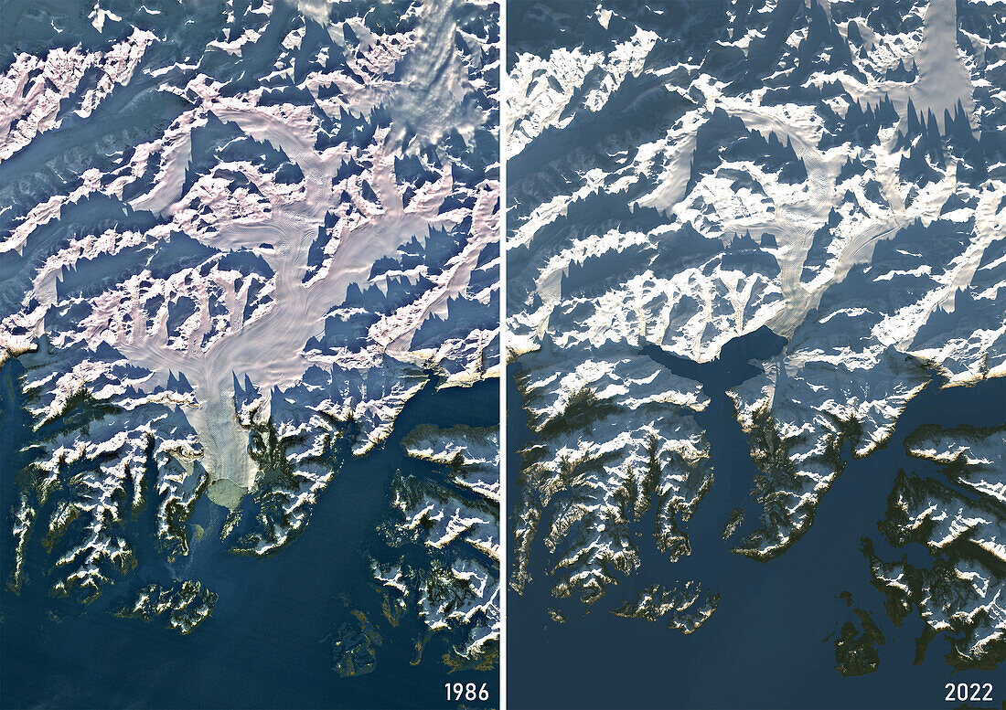 Columbia Glacier, USA, in 1986 and 2022, satellite image
