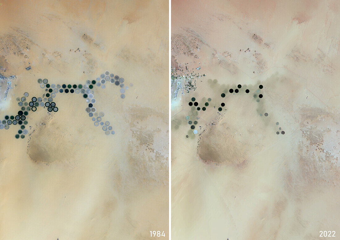 Koufra oasis, Libya, in 1984 and 2022, satellite image