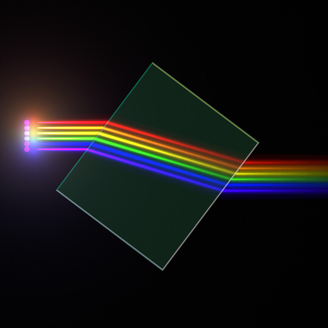 Refraction of incident light rays by glass block, illustration