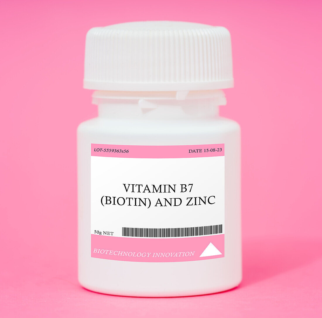 Container of vitamin B7 biotin and zinc