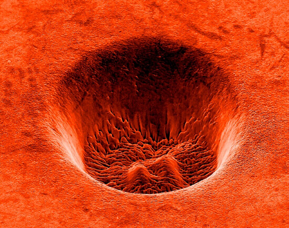 Titanium crater formed by a laser, SEM