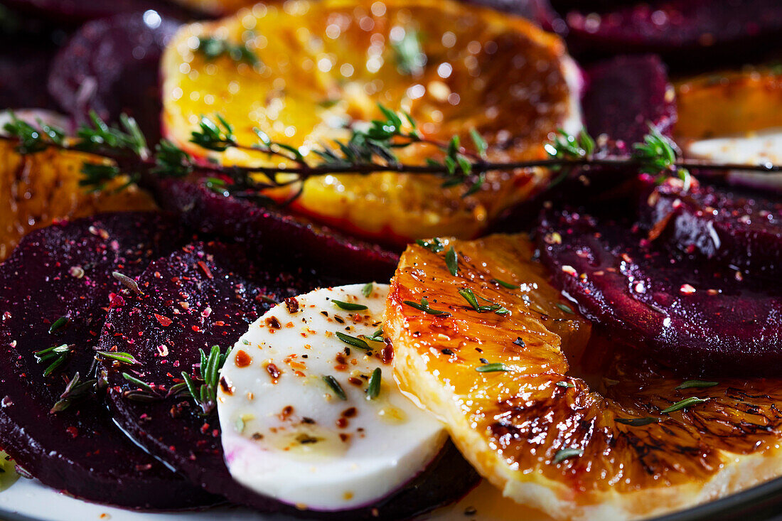 Beetroot salad with caramelized orange and mozzarella