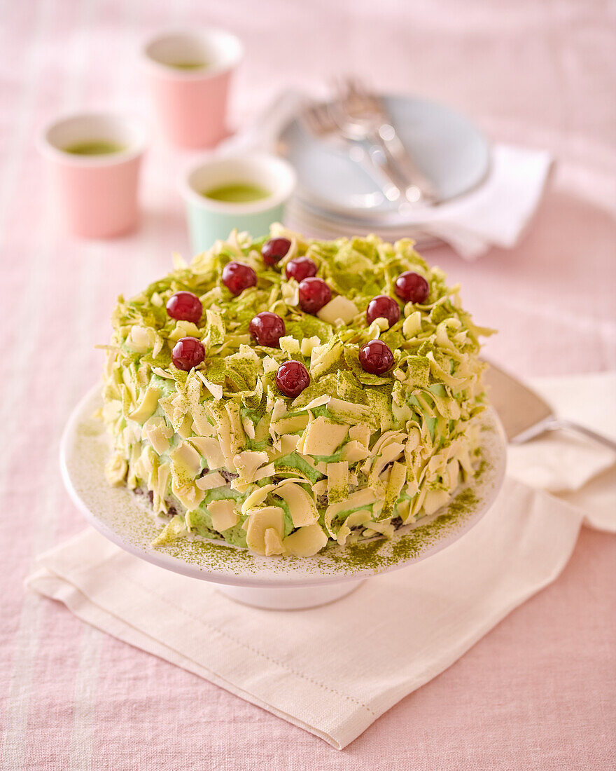 Chocolate cherry cake with matcha cream and white chocolate