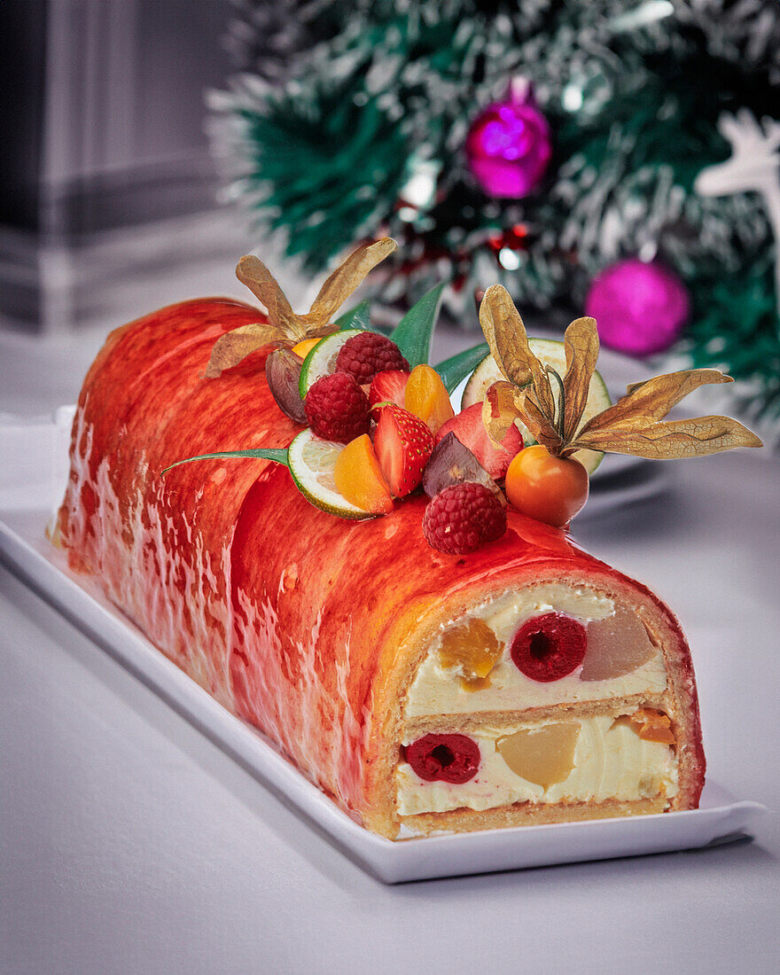 Bûche De Noël made from fruit and quark cream