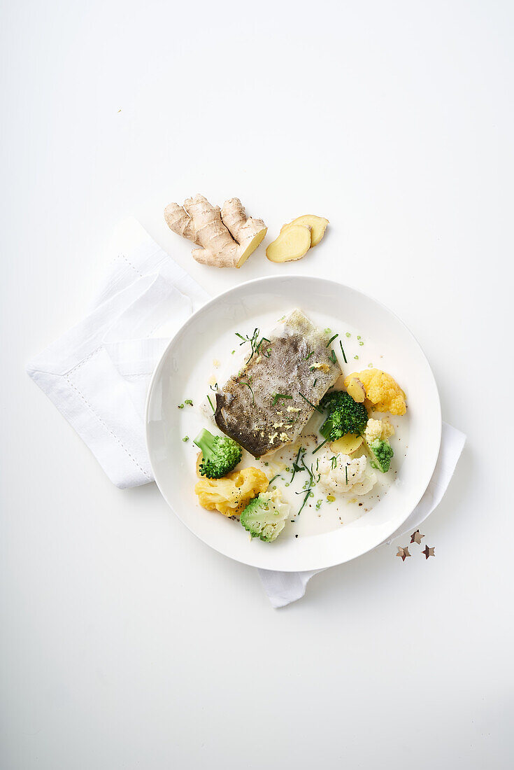 Kabeljau mit Brokkoli und Blumenkohl in Kokos-Ingwer-Sauce