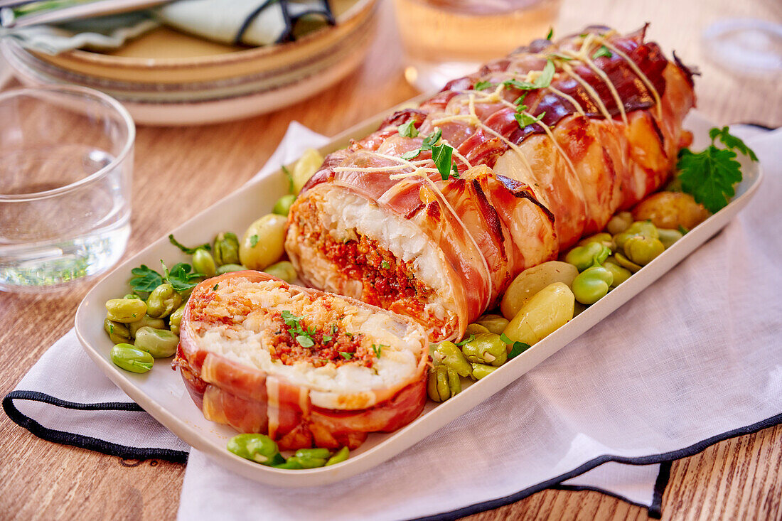 Stuffed cod wrapped in bacon