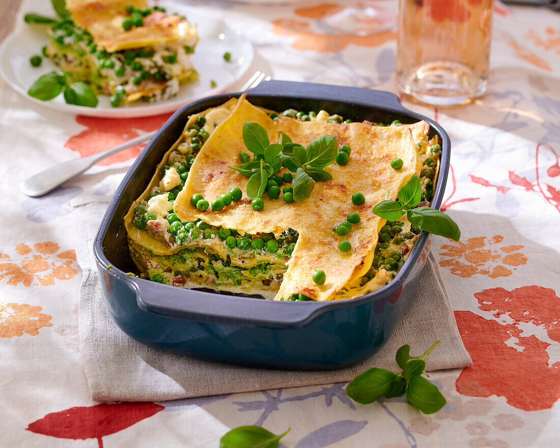 Pea lasagne with pancetta