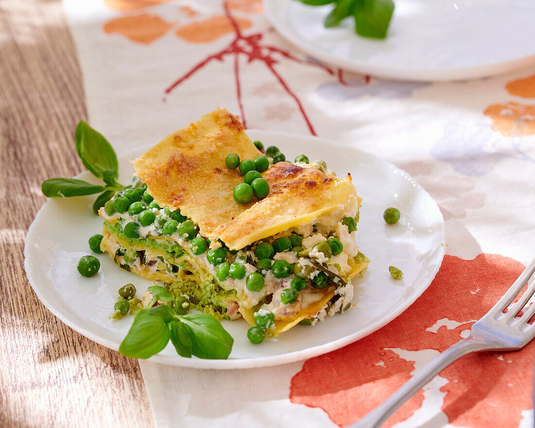 Pea lasagne with pancetta