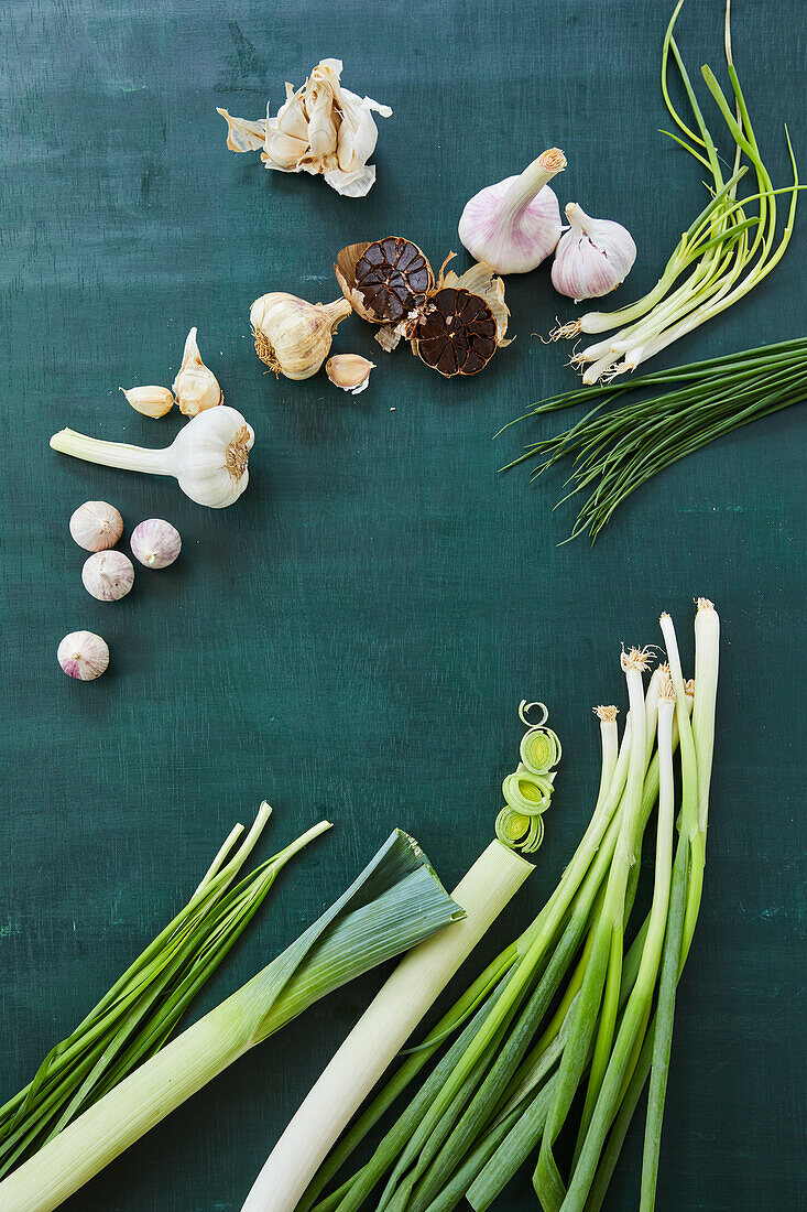 Various types of garlic and onions
