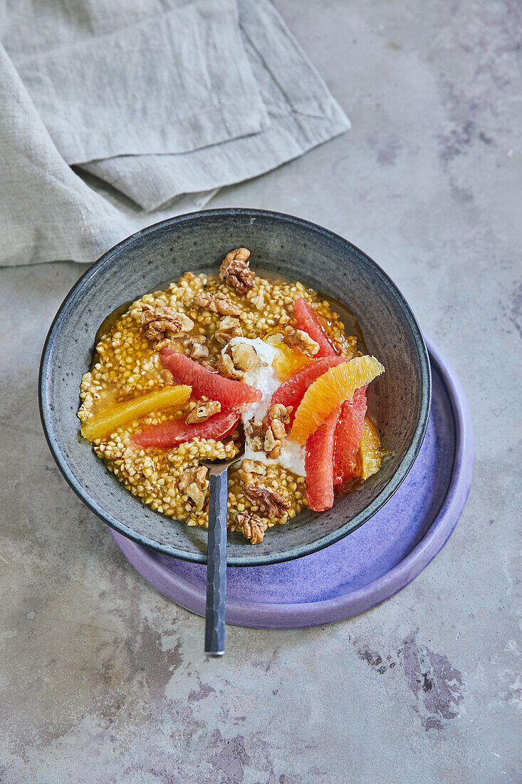 Gluten-free buckwheat and citrus bowl with ricotta