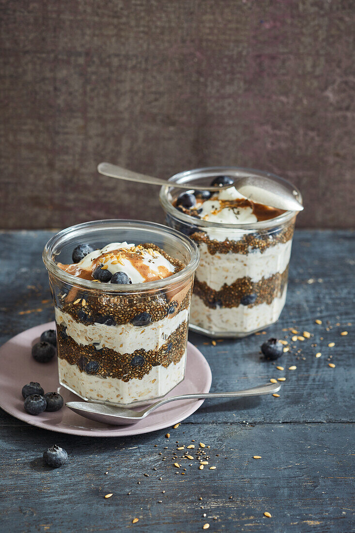 Overnight oats with blueberries, chia and plant yoghurt