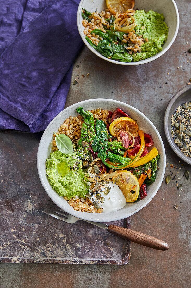 Vegan chard and green bean bowl with pea puree