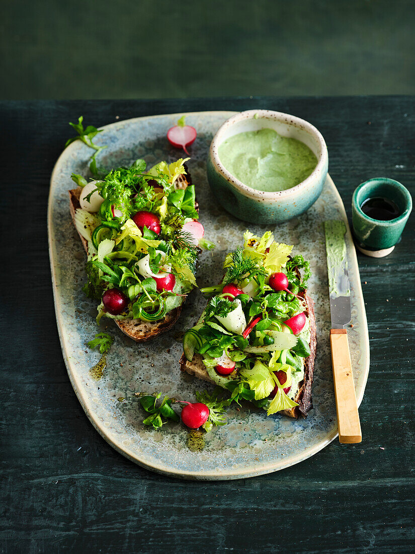 Salad slices with green herb quark, radishes and cucumber