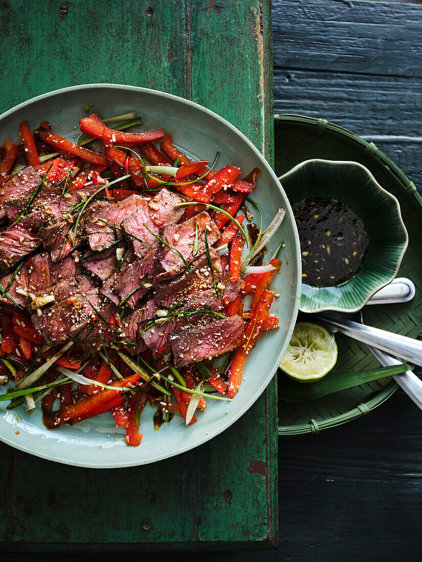 Thai-style beef salad with lime leaves and chillies