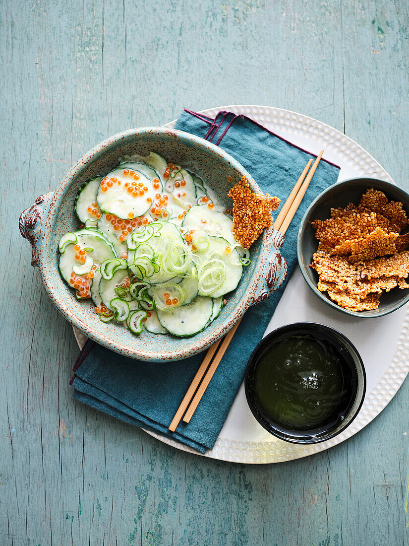 Cucumber salad with silken tofu cream and trout caviar