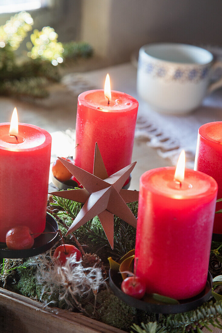 Adventskranz mit roten Kerzen und Sternendekoration auf Moosbett