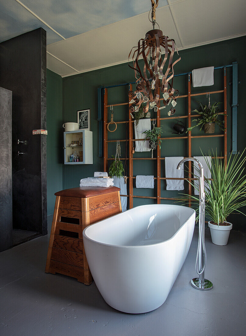 Freestanding bathtub, diving box and decorative plants in a modern bathroom