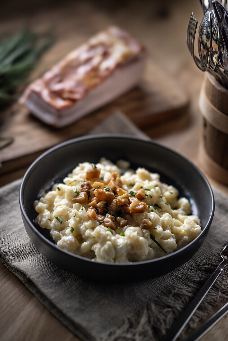 Halusky - Slovakian potato gnocchi with Brimsen cheese, bacon and chives