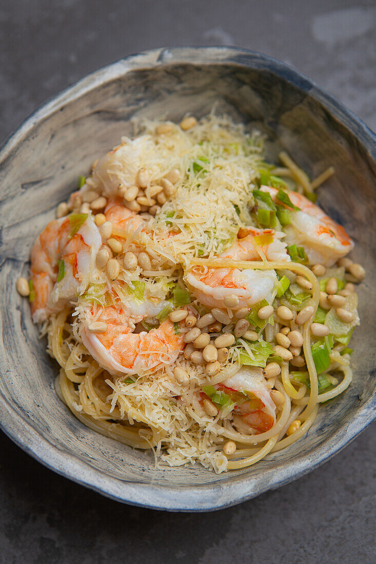 Spaghetti with prawns, pine nuts and parmesan
