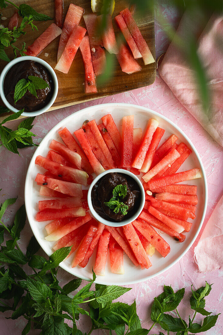 Watermelon sticks with mint jam