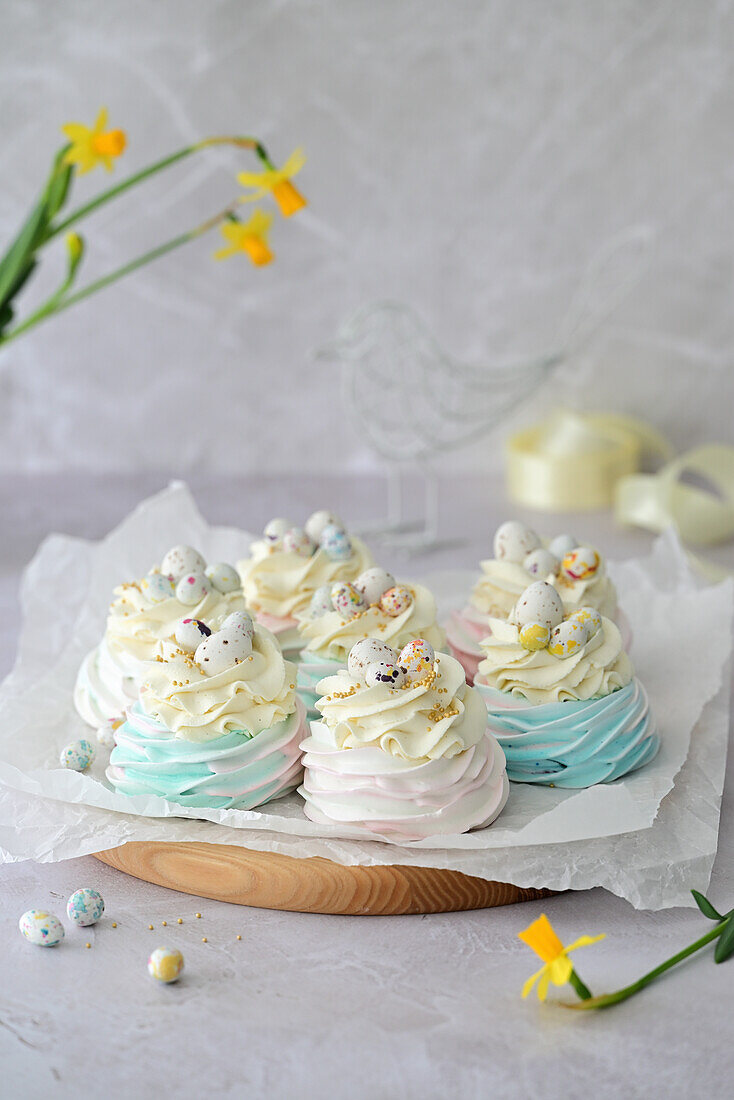 Easter mini pavlovas with berry filling and vanilla cream cheese