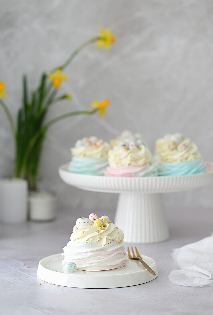 Easter mini pavlovas with berry filling and vanilla cream cheese