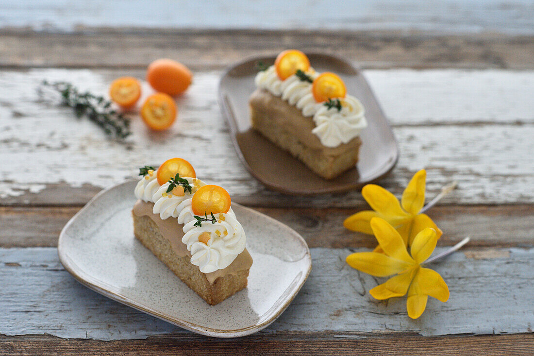 Vegan coconut and orange cakes with coconut blossom nougat and coconut cream