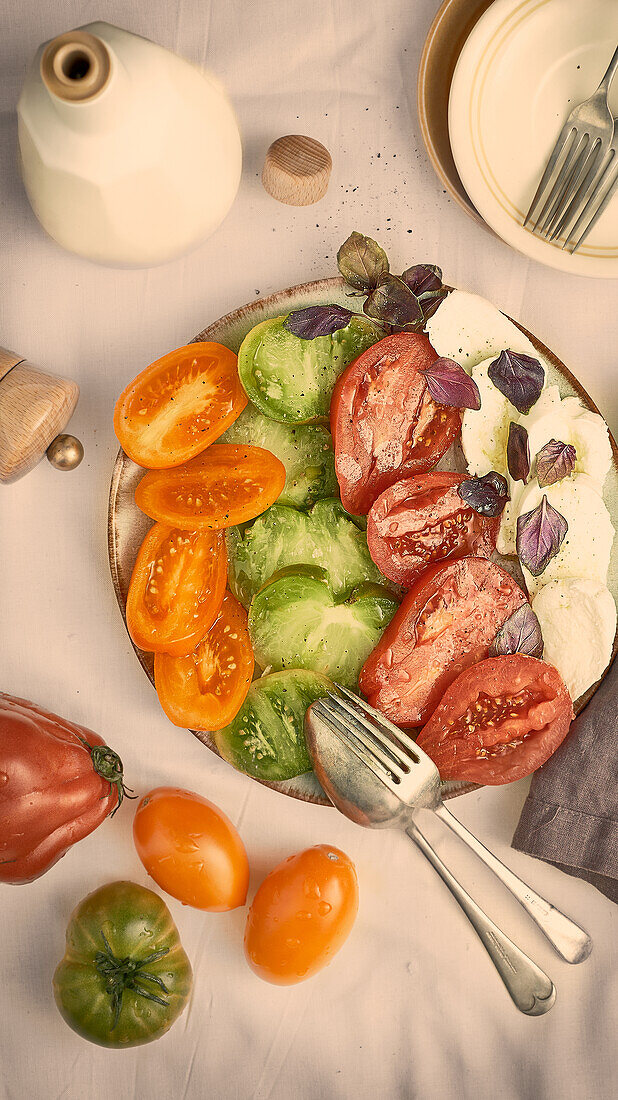 Colourful tomatoes with mozzarella, purple basil and olive oil