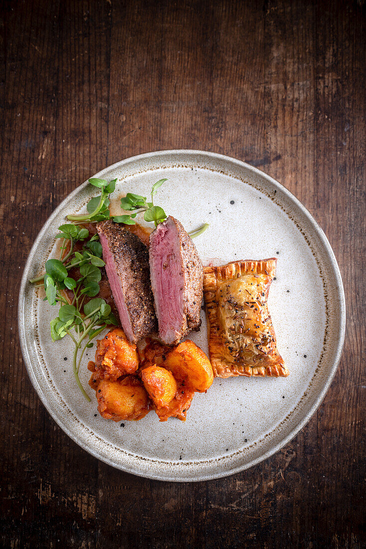 Baghar E Hiran, venison steak with side dishes (India)