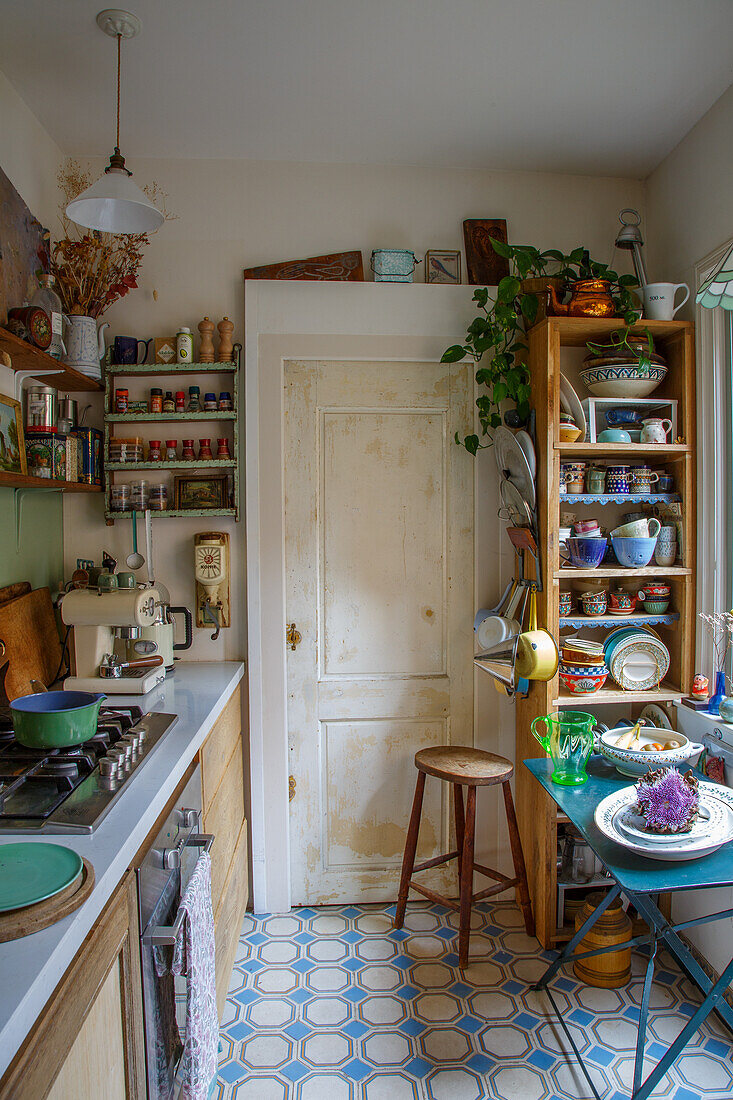 Country kitchen with open wooden shelves, patterned tiled floor and plant