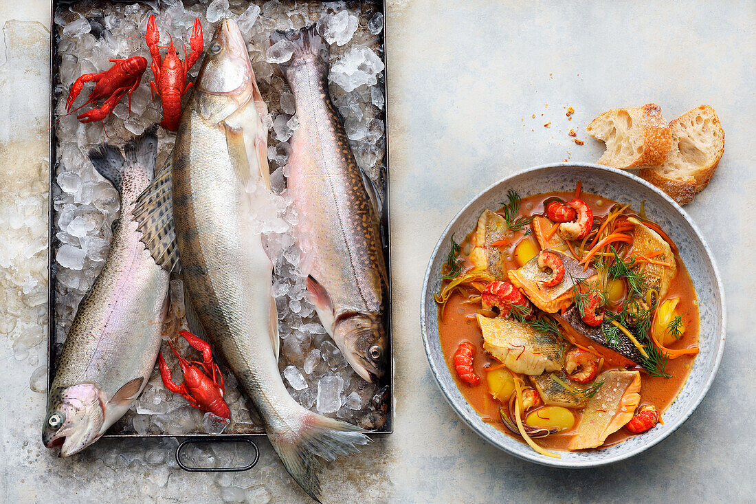 Bouillabaisse of freshwater fish with crayfish