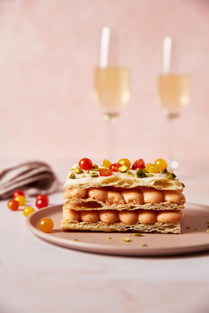 Tomato millefeuille with pistachios