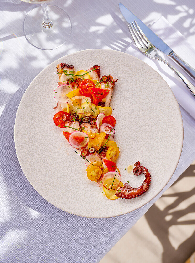 Grilled octopus with vegetables on a plate