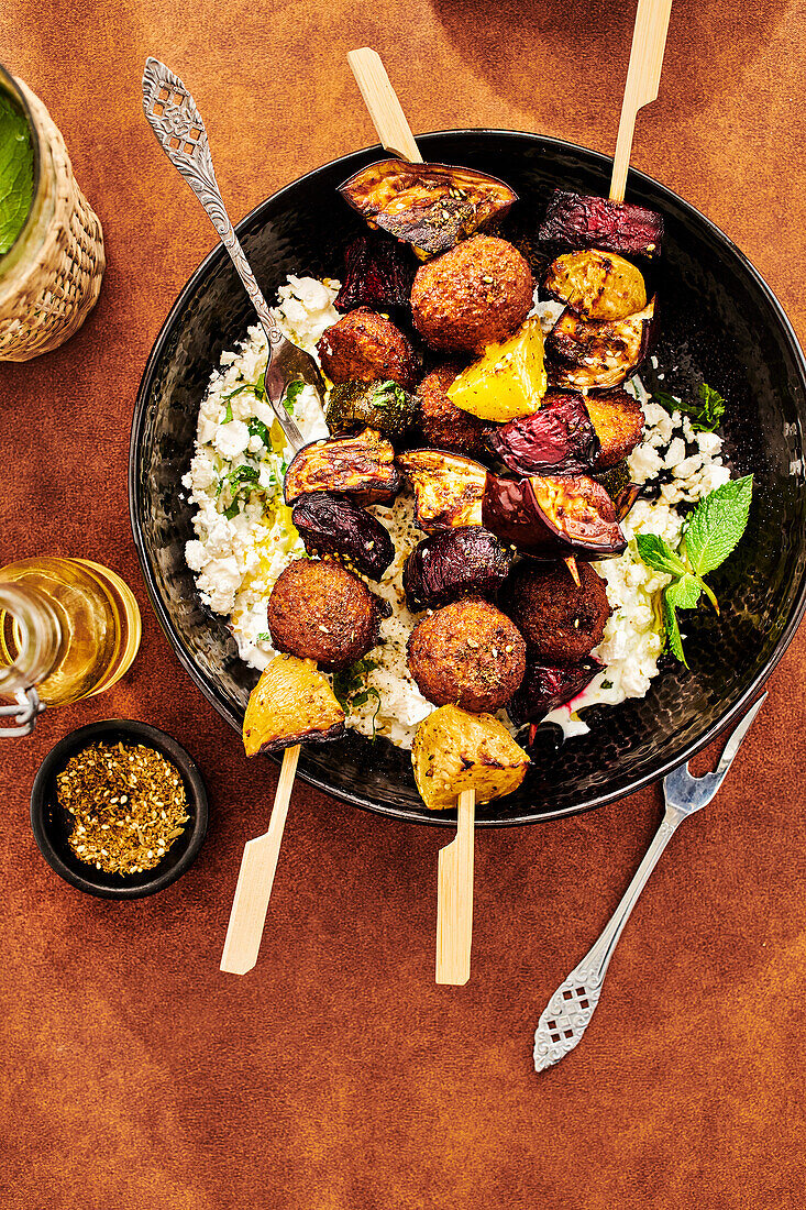 Za'atar falafal skewers with beetroot and yellow beetroot