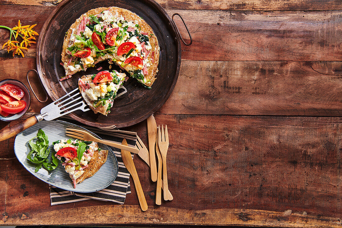 Pancake pie with bacon and spinach