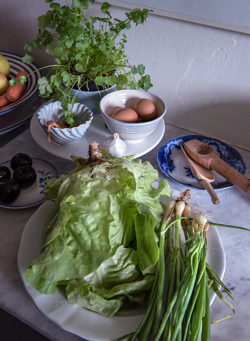 Frische Zutaten auf Küchenarbeitsfläche: Kopfsalat, Frühlingszwiebeln, Eier und Koriander