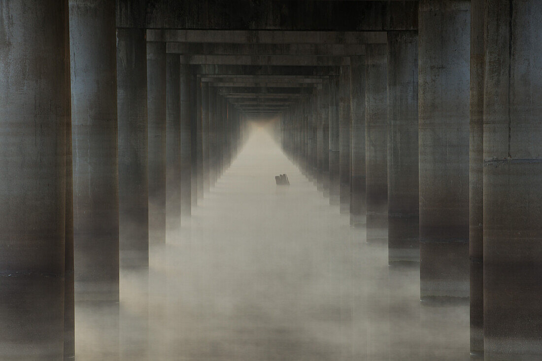 Morning fog under the Interstate 10 highway bridge over the Atchafalaya River in the Atchafalaya Basin in Louisiana.