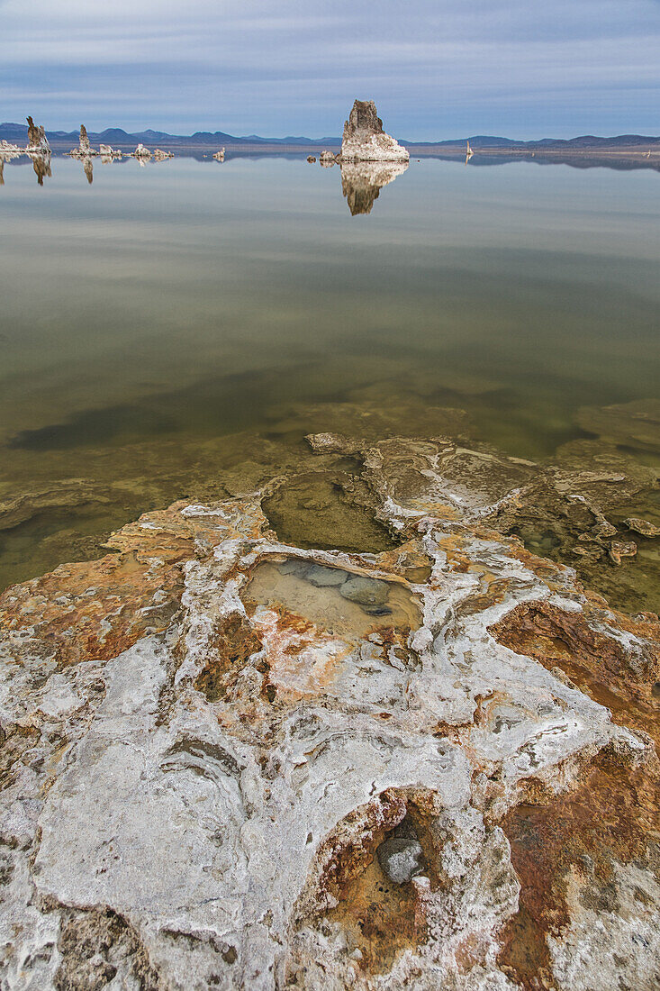 Tufa rock formations in Mono Lake in California.