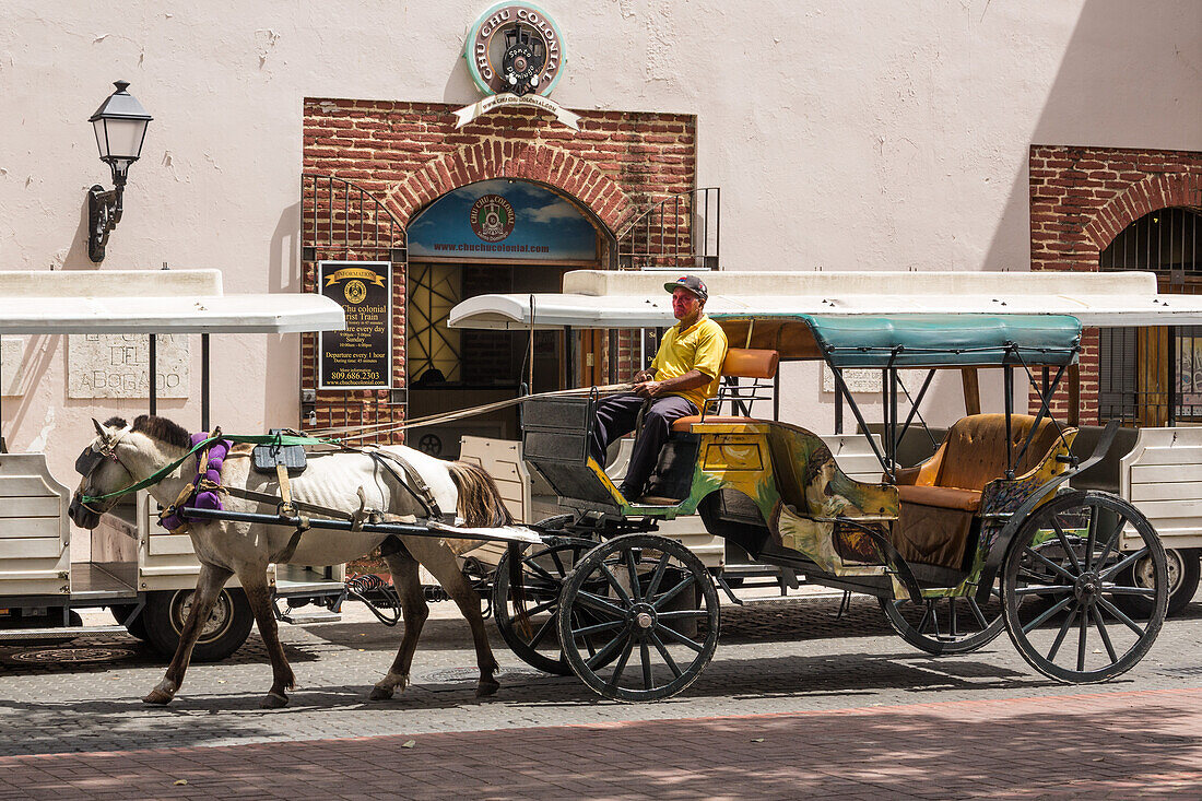 Eine Pferdekutsche für Touristen im kolonialen Sektor von Santo Domingo, Dominikanische Republik