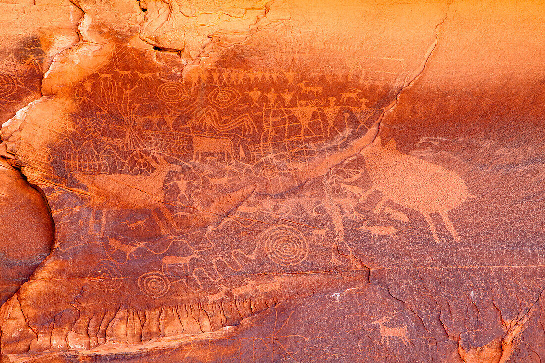 Pre-Hispanic Native American rock art petroglyph panel in Mill Canyon near Moab, Utah.