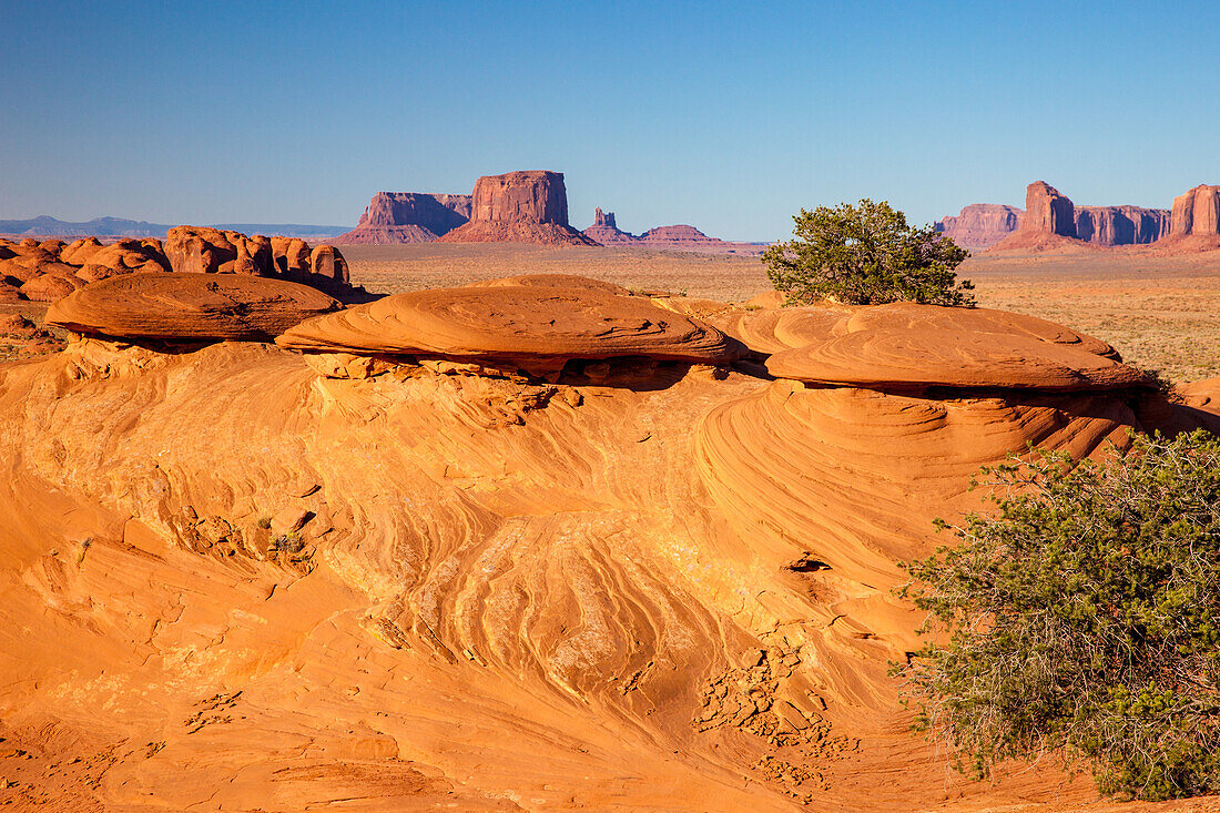 Cross-bedding patterns in the eroded sandstone in Mystery Valley in the Monument Valley Navajo Tribal Park in Arizona.